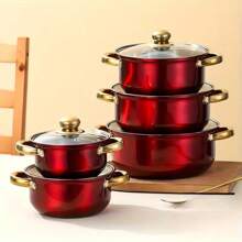 Un ensemble de 10 pièces de batterie de cuisine en acier inoxydable, comprenant des CASSEROLES en acier inoxydable de 16 cm / 18 cm / 20 cm / 22 cm / 24 cm, 5 CASSEROLES avec 5 couvercles en acier inoxydable, des CASSEROLES à soupe profondes à double poignée en métal, fabriqués en acier de haute qualité, disponibles en plusieurs couleurs, très adaptés pour la cuisine à la maison et en restaurant, convenant pour faire de la soupe, du hot-pot, des nouilles et des fruits de mer