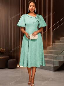 Women's Rose Jacquard Commuting Embossed Elegant Short Sleeve A-Line Puff Sleeve Cocktail Party Graduation Dress,For Birthday, Wedding Guest, Graduation, Dinner, Homecoming,Back To School