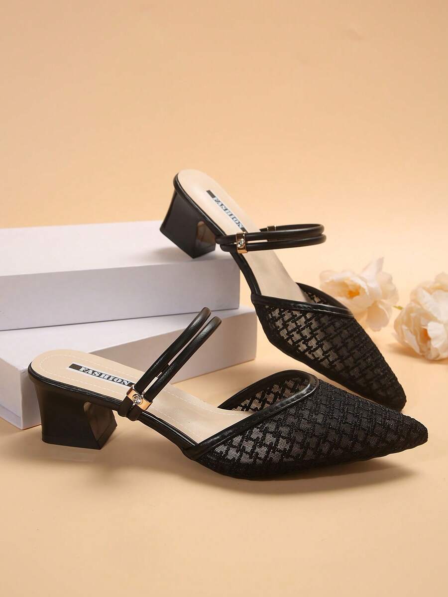 优雅女士网眼凉鞋 - 百搭尖头、粗跟、透气面料、橡胶鞋底 - 适合春夏季