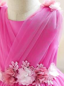 Young Girl Fuchsia 3D Floral Mesh Elegant Christmas Party Dress, Princess Dress Suitable For Girls Birthday Party, Wedding, Festival Celebration - Hot Pink - View 5