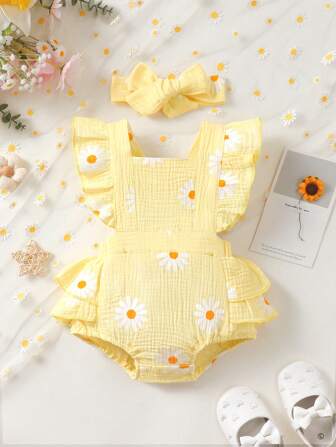 Baby Girl Cute Daisy Cap Sleeve Bodysuit + Headband Set
