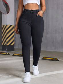 Blugi din denim spălat, slim fit, elastici, pentru femei, versatili pentru toate anotimpurile, stil elegant la modă, potriviți pentru ținute casual de zi cu zi, vacanță și Y2K - Negru - 1 - Vizualizare 3