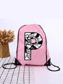 1pc A-Z Graffiti English Letter Outdoor Backpack, Kids Drawstring Closure Bag, Large Capacity Sports Bag, Cute Cartoon Letter Print Sports Backpack For Boys And Girls - Pink - View 34