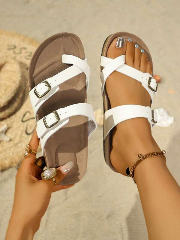Plus Size Women Toe-Loop Flat Casual Slip-On Slippers, Simple Double-Buckle Elegant Slouchy Slides