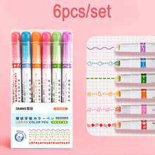 6pcs Highlighter Pens, Calligraphy Curve Pens, Roller Flower Pens, Double-Headed Stamp Outline Pens, Creative Wave Flower Rollerball Pens, School Supplies,Back To School