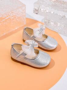 Girls' Silver Fabric Rhinestone Bow Strap Shoes - Silver - View 2