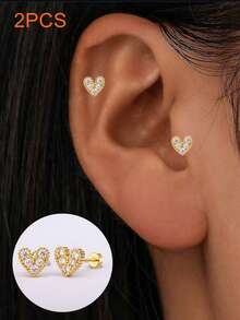 2 件/6 件心形耳钉，5A 金色锆石花朵耳钉，螺丝后鼻骨耳钉，精致珠宝礼物，适合女性 - 心形1# - 查看 5