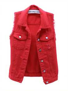 Women's Classic Washed Denim Vest, Sleeveless Solid Color Button Down Jean Jacket - Red - View 3
