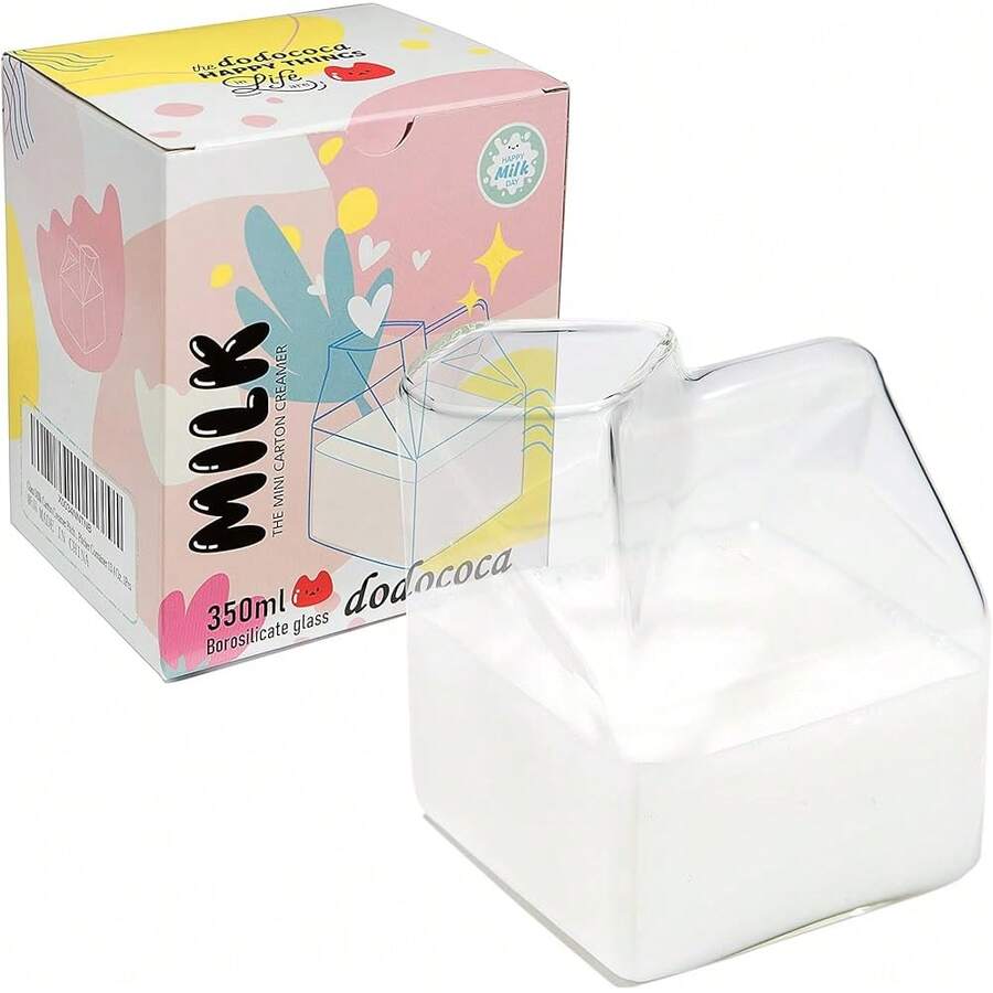 New Glass Milk Carton Creamer Pitcher Cute Clear Kawa Milk Carton C Mini Creamer Pitcher Container 12 Oz, 1Pcs - Basic Model - View 1