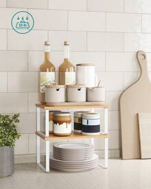 Étagère à Épices, Lot de 2, Organisateur de Placard, Étagère de Rangement de Cuisine Extensible, Porte-épices Empilable, Métal, Bois d'Ingénierie, Blanc Nuage et Beige Naturel