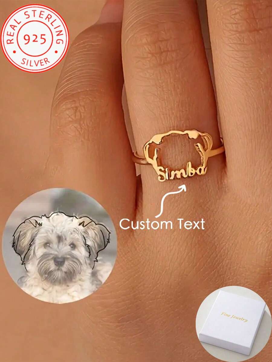 A 925 Silver Customized Pet Dog Ear Name Opening Ring, Stylish Personalized Ring With Name, Sterling Silver Opening Adjustable Pet Keepsake Jewelry, A Beautiful Gift For Pet Lovers Pet Owners