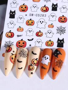 2/5 件万圣节 3D 幽灵卡通美甲贴纸，可爱幽灵南瓜火焰花朵图案美甲贴纸，DIY 或沙龙使用，自粘美甲贴纸用品，美甲装饰 - 彩色 - 查看 8