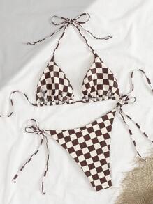 女士性感千鸟格印花比基尼套装，带系带侧裤，高弹力两件套泳衣，适合波西米亚海滩穿着 - 彩色 - 查看 3