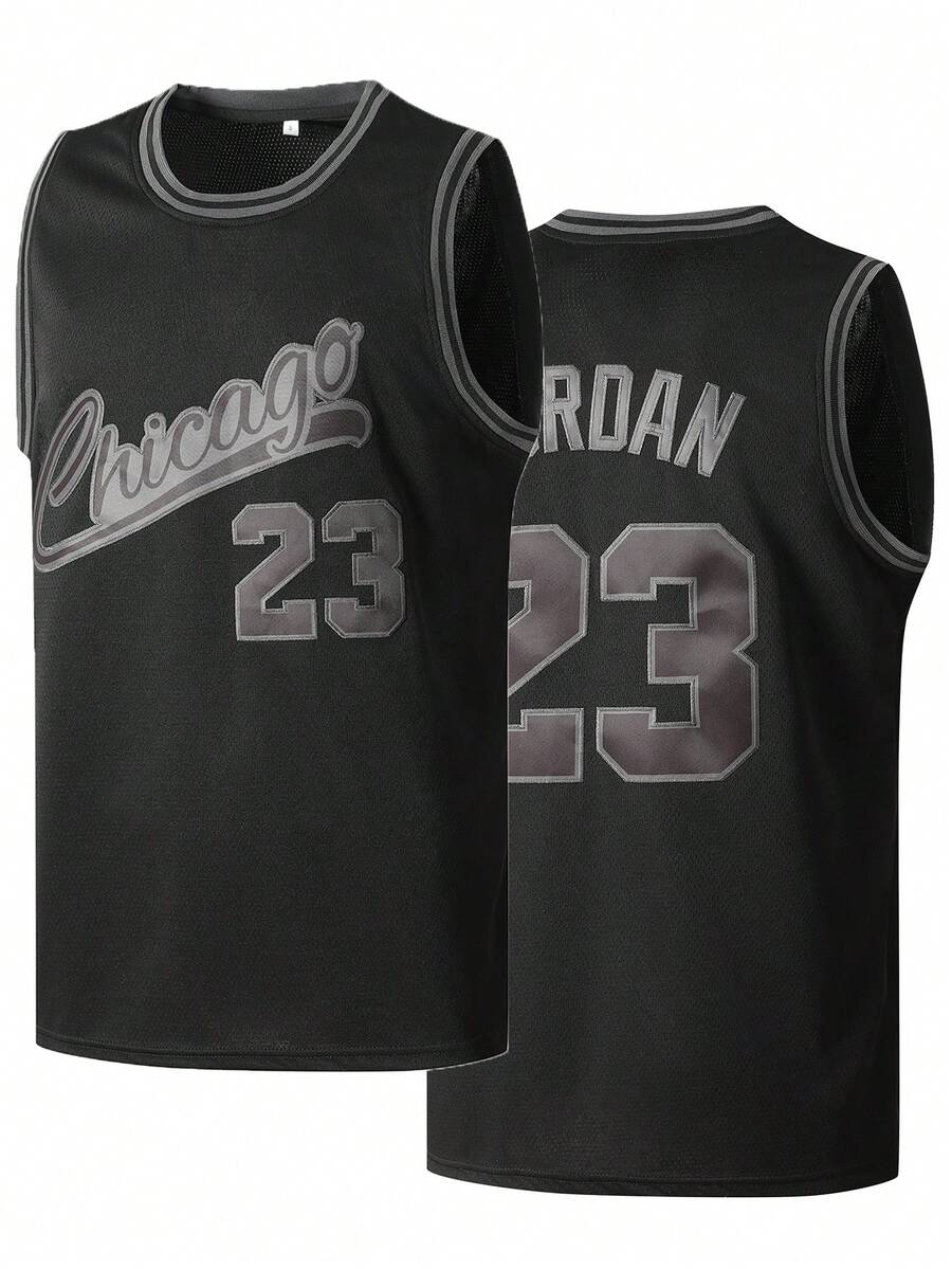 男子 23 号全黑刺绣篮球球衣