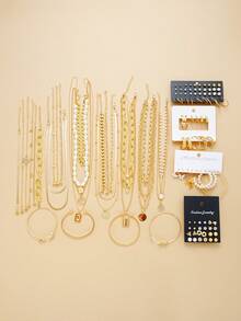 108pcs Style Simple Elegant Vintage Butterfly, Heart, Faux Pearl, Twist Knot, Lock,Rhinestone, Wide Band, Necklace, Ring, Bracelet Jewelry Set For Holiday, Party, Daily Wear - Vàng kim - 108 miếng - Xem 9