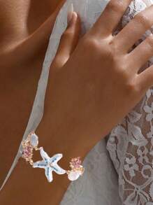 1 Stück modischer Dopamin-Luxus-Öltropfen-Stil Seestern & Jakobsmuschel Muschelschmuck-Armband mit Strass und Kunstperlen, geeignet für Geburtstag, Feiertage, Geschenk für Freundinnen, Freunde