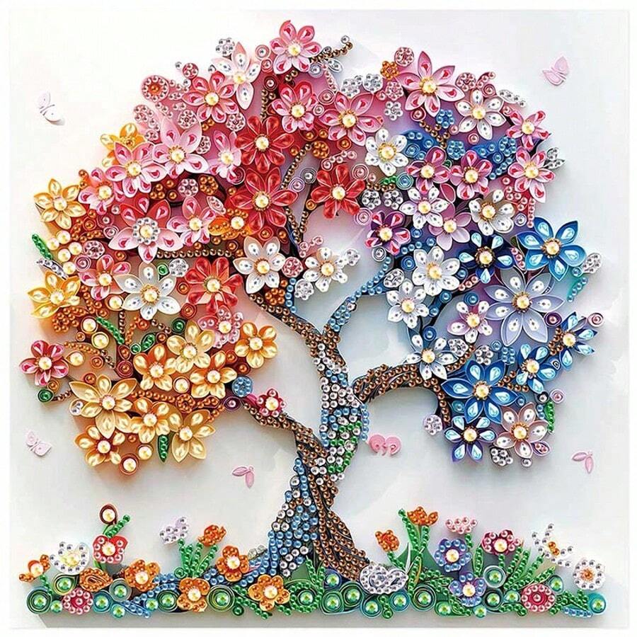 5D DIY 钻石画套装 - 彩色花树设计，成人特殊形状水晶钻艺术品，手工刺绣马赛克工艺品，可用于家居墙面装饰，闪亮的 DIY 艺术礼物创意 - 彩色 - 查看 1