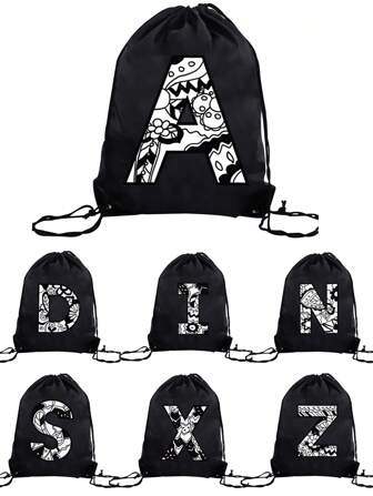 1pc A-Z Graffiti English Letter Outdoor Backpack, Kids Drawstring Closure Bag, Large Capacity Sports Bag, Cute Cartoon Letter Print Sports Backpack For Boys And Girls