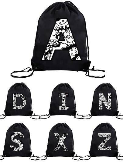 1pc A-Z Graffiti English Letter Outdoor Backpack, Kids Drawstring Closure Bag, Large Capacity Sports Bag, Cute Cartoon Letter Print Sports Backpack For Boys And Girls