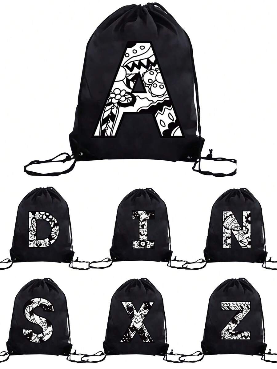 1pc A-Z Graffiti English Letter Outdoor Backpack, Kids Drawstring Closure Bag, Large Capacity Sports Bag, Cute Cartoon Letter Print Sports Backpack For Boys And Girls - Pink - View 1