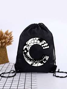 1pc A-Z Graffiti Letter Unisex Kids Outdoor Backpack, Drawstring Closure Bags, Large Capacity Sports Rucksack, Cute Cartoon Letter Print Sports Bag - Black - View 13