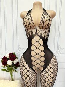 Women's Sexy Jumpsuit, Jumpsuit, See Through Fishing Net Jumpsuit, Hollow Neck Hanging Transparent Sleeveless And Crotch Jumpsuit, Women's Sexy Lingerie And Underwear - Suitable For Valentine's Day Gifts/Anniversary Gifts/Confident Night Outings