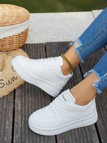 Women's Leather Stitching White Slip-On Lace-Up Color Block Comfortable Thick Sole Sneakers With Hidden Heightening Function - Casual White - View 4