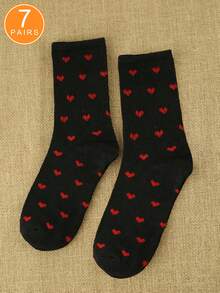 1 双女式白色 Ins Style 心形图案中筒袜，运动学院风，秋季