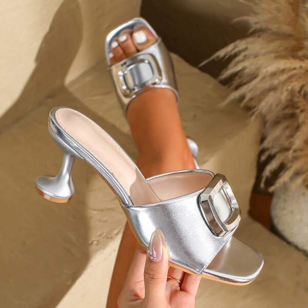 New Summer High Heel Slip-On Apple Buckle Slippers, Fashion Sexy Party Slide Sandals For Women