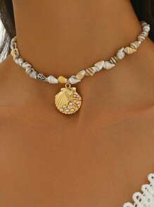1 pieza Collar de concha natural hecho a mano con cuentas, estilo bohemio, con colgante de concha y perla, diseño de estilo oceánico a la moda para mujeres, adecuado para viajes, fiestas y combinación diaria, el tamaño y el color de la concha natural son aleatorios