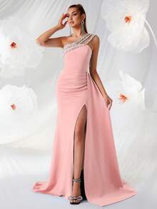 Elisanya Rhinestone Embellished Backless Tie-Up High Waist Long Tiered Slit Dress, Suitable For Banquet, Party, Gala - Pink - View 6