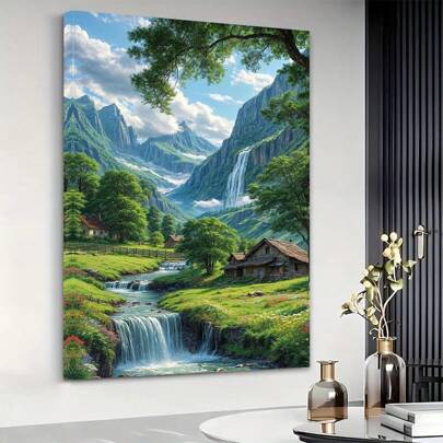 1 pieza de arte enmarcado en lienzo con paisaje escénico vibrante - Escena de prado frondoso y cascada con casas de madera, resistente al agua, listo para colgar - Decoración ideal para el hogar, dormitorio, oficina - Regalo perfecto para amantes de la naturaleza, decoración de jardín exterior