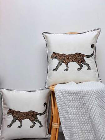 1pc Minimalist White Background Leopard Print Edging Decorative Pillow Case Cover