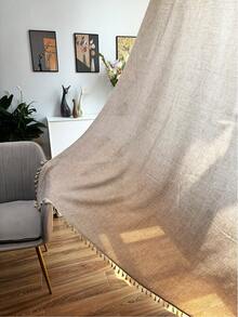 1 件白色薄纱窗帘，带米色流苏，简约风格，适合卧室/客厅