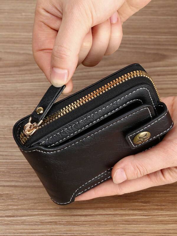 Vintage Leather Men's Wallet, Short Style Card Holder Snap Closure Money Clip Purse, Suitable For Travel, ID, Card Documents, Fashion Coin Pocket