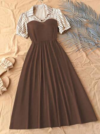 Vestido Elegante Midi de Cor Sólida com Decote em V para Mulheres, Moda de Verão