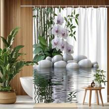1 Piece Zen Style Pond Shower Curtain, Featuring White Pebbles, Orchids And Bamboo Poles, Durable Polyester Fabric, Machine Washable, Comes With 12 Hooks, Suitable For Bathroom Decoration, Back To School