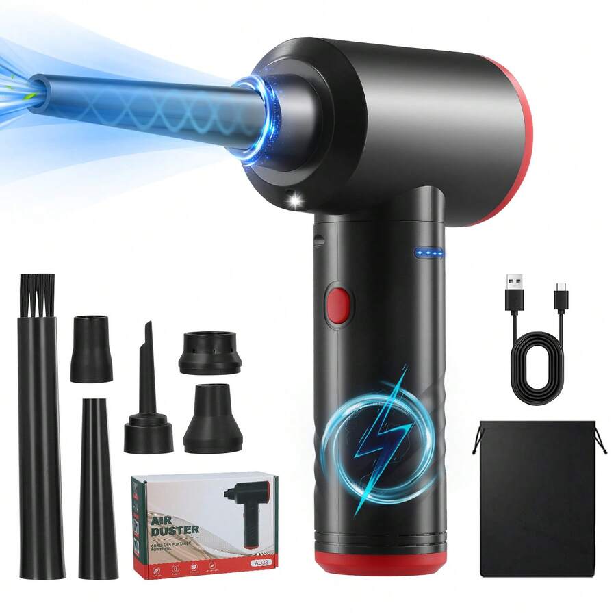 Compressed Air Duster For PC,3-Gear Speed (Max 100000RPM) Cordless Air Duster With Light,Reusable Compressed Air For Keyboard, Replaces Compressed Air Can - Black - View 1