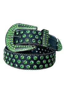 1 pieza Cinturón con patrón de cocodrilo negro y verde, con cristales incrustados, estilo punk callejero, adecuado para uso diario, fiestas, ropa de calle en otoño, accesorios de otoño-invierno, apropiado para adolescentes, jóvenes, hombres, uso casual, al aire libre, deportivo, vacaciones, regalos de graduación, cumpleaños, uso diario