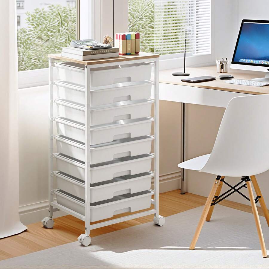 KK KINGRACK Rolling Storage Cart, Rainbow Cart With 8 Drawers And Wooden Tabletop, Teacher Organization For Classroom, Art Cart For Classroom,Office,Bedroom, Pink, White, Rainbow, Green, Grey - 白色 - 查看 1