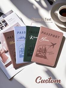 Customized Fashionable Airplane Pattern Leather Passport Holder, Personalized Name Text Travel Passport Cover, Personalized Classic Leather Wallet Case, Unique Travel Set Gift - Multicolor - View 1