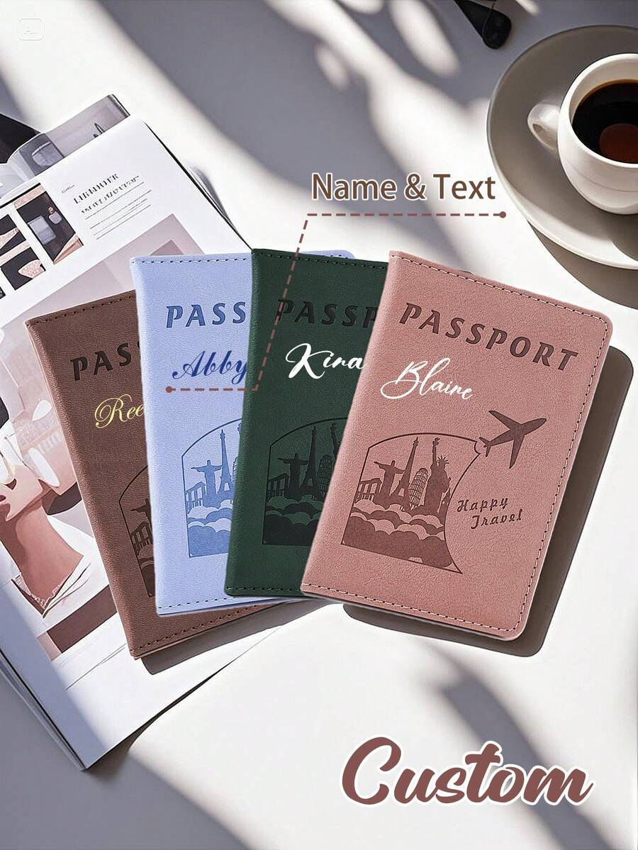 Customized Fashionable Airplane Pattern Leather Passport Holder, Personalized Name Text Travel Passport Cover, Personalized Classic Leather Wallet Case, Unique Travel Set Gift - Multicolor - View 1