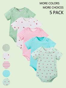 Set de 5 piezas de bodys casuales con estampado de triángulos lindos para bebé y niña pequeña, para primavera/verano - verde menta - Ver 1