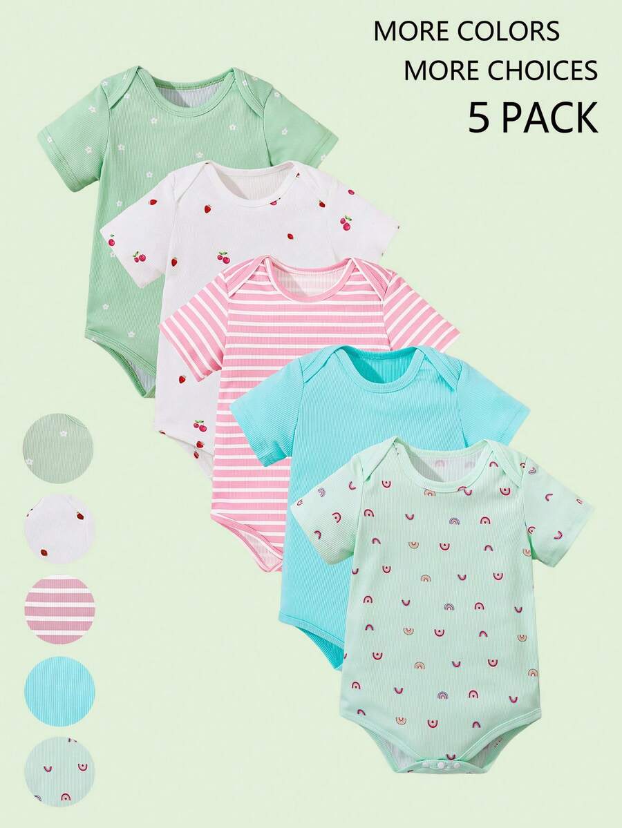 Set de 5 piezas de bodys casuales con estampado de triángulos lindos para bebé y niña pequeña, para primavera/verano - verde menta - Ver 1