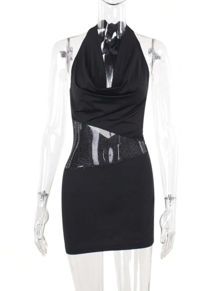 Women's Shiny Mesh Patchwork Halter Neck Dress, Sexy Diva Style For Summer - Black - View 1