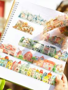 1 Roll Of Tape Dream Town Series House Landscape Pattern Gift Packaging Sealing Stickers Suitable For Multiple Scenes, Scrapbook Stickers Album Diary Decoration, Mobile Phone Case Water Cup Stickers Notepad Accessories Garbage Diary Decoration Stickers, Scrapbook Supplies, Art And Handmade Decoration Stickers School Supplies,Back To School