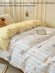 3/4pcs Ditsy Floral Bow Kitty Bedding Set (1*Duvet Cover + 1*Bed Sheet + 1/2*Pillowcase) Cherry Blossom Ditsy Floral, Cartoon Line Bear Print, Fashion Pattern, Soft Touch, Skin-Friendly Fabric, Machine Washable, Suitable For All Seasons, Duvet Cover & Pillowcase Without Filler - Multicolor - View 5