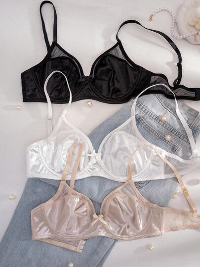 3pcs/Set Women Solid Color Satin Bow Underwire Bra Comfortable Lingerie