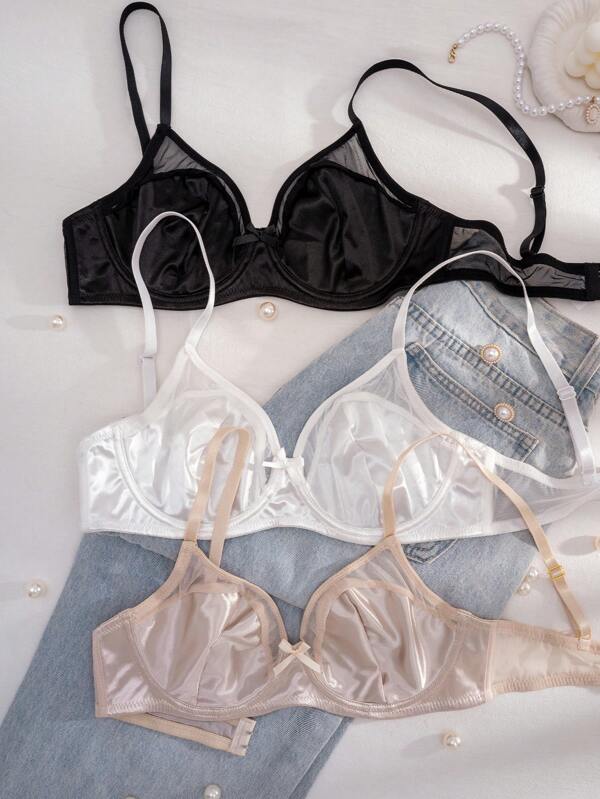3 buc/Set Sutien cu sârmă cu fundă din satin de culoare uni Lenjerie confortabilă