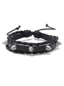 Halloween Black Skull PU Leather Braided Bracelet, Fashionable Punk Wristband, Unisex